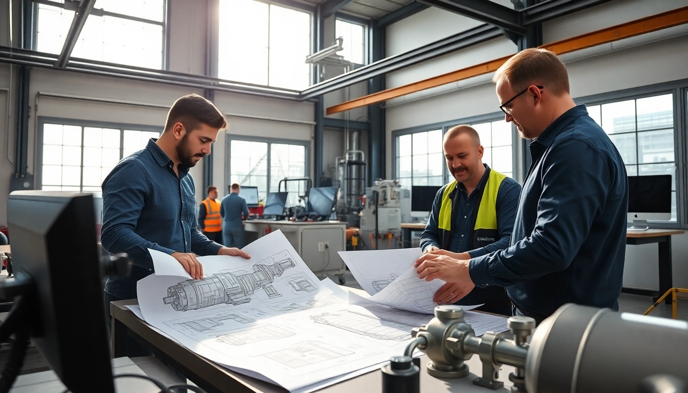 Engaged engineers working on Pressure Vessel Design blueprints in a bright workshop.