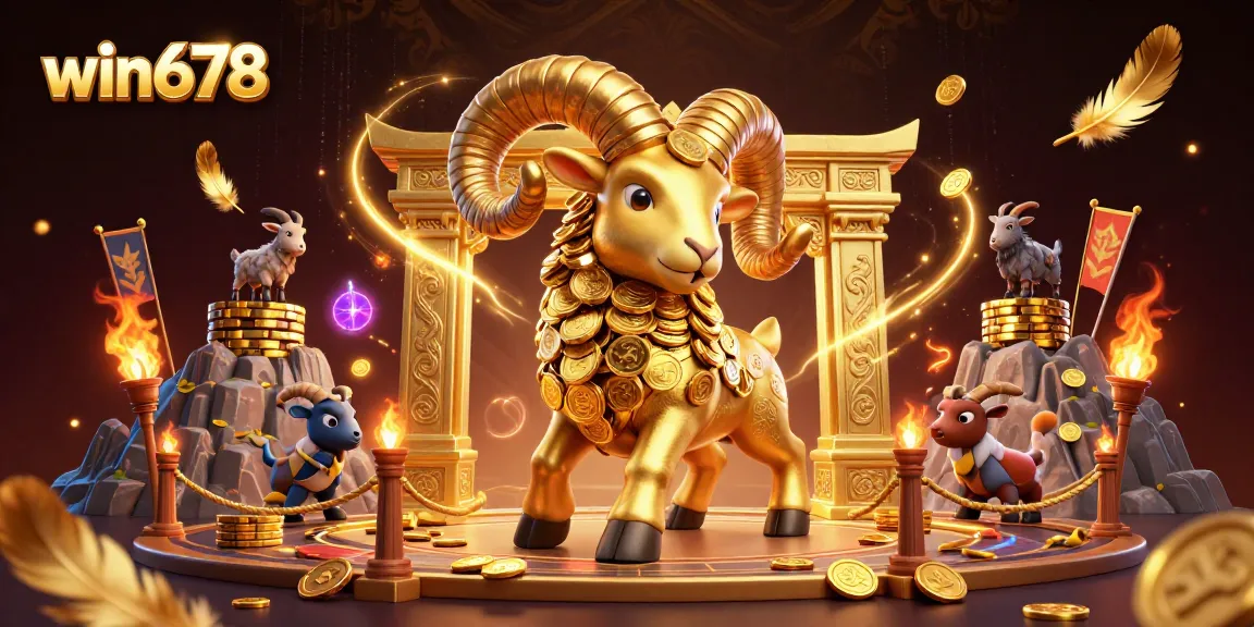Win678 showcases thrilling casino gaming with golden ram and energetic atmosphere.