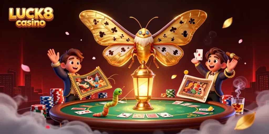 Experience LUCK8 casino with a vibrant 3D illustration of a majestic moth amidst dynamic gaming elements.