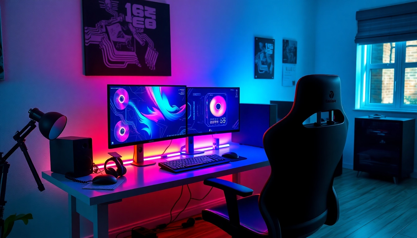 Δημιουργία gaming pc σε μοντέρνο γραφείο με RGB φωτισμό και διπλούς υπολογιστές.