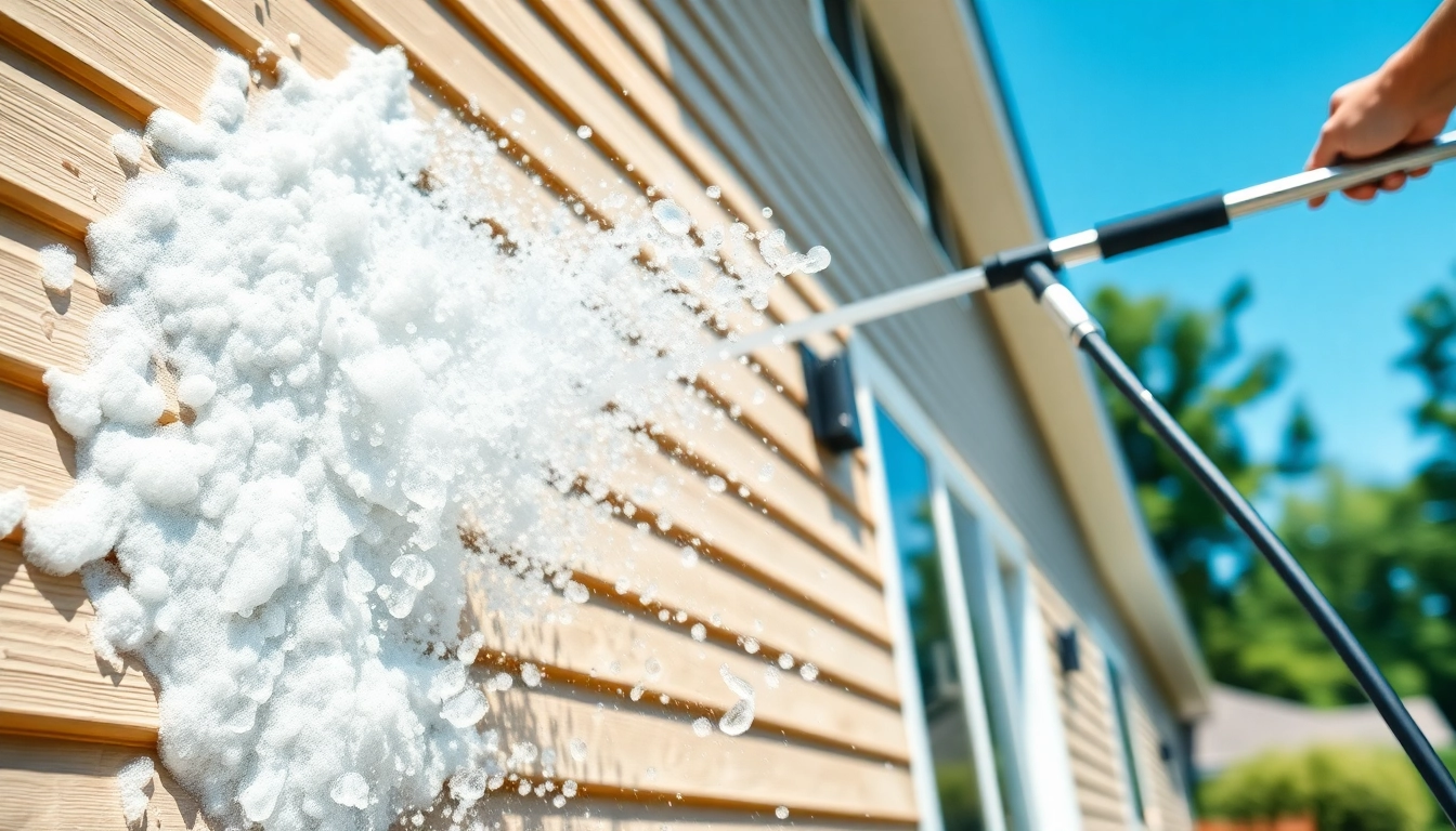 House Washing technician cleaning home exterior with pressure washer.