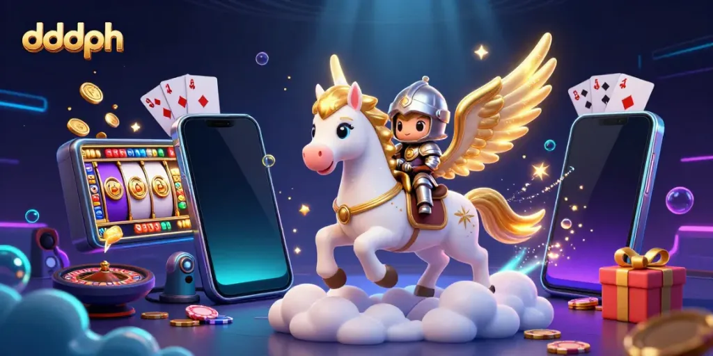 Experience dddph's thrilling gameplay through an enchanting 3D casino scene featuring a galloping celestial horse.