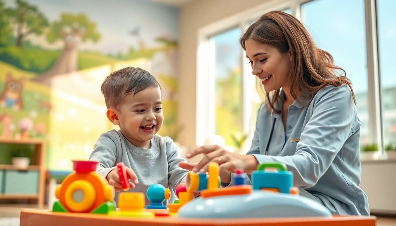 What is ABA therapy session between a therapist and child in a colorful clinic.