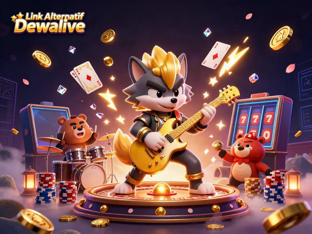 Experience the excitement of Link Alternatif Dewalive with a vibrant 3D casino illustration featuring animated characters and classic gaming elements.