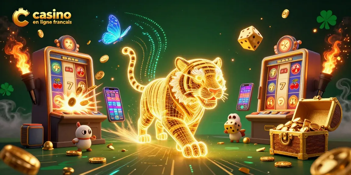 Revivez l'excitation du casino en ligne français avec un tigre en lumière et des machines à sous explosant de pièces, dans une scène vibrante.