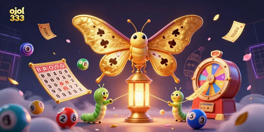 Engage with ojol 333 through a vibrant casino scene featuring a majestic atlas moth and various game elements.