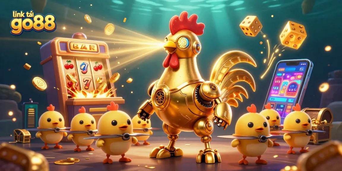 Experience winning thrills with link tải go88 featuring a dynamic 3D illustration of a golden rooster robot and casino elements.