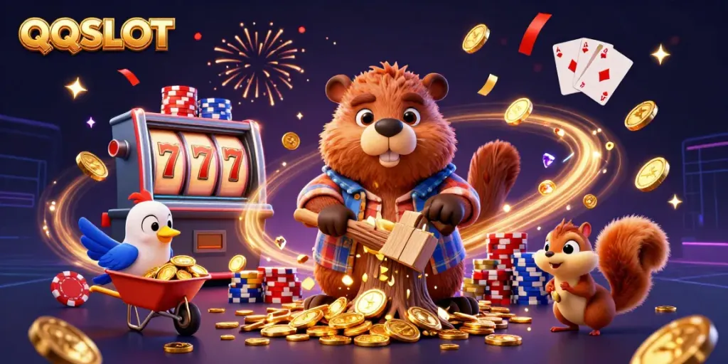 Engage in QQSLOT action with a playful scene of characters collecting golden coins and stacking winnings.