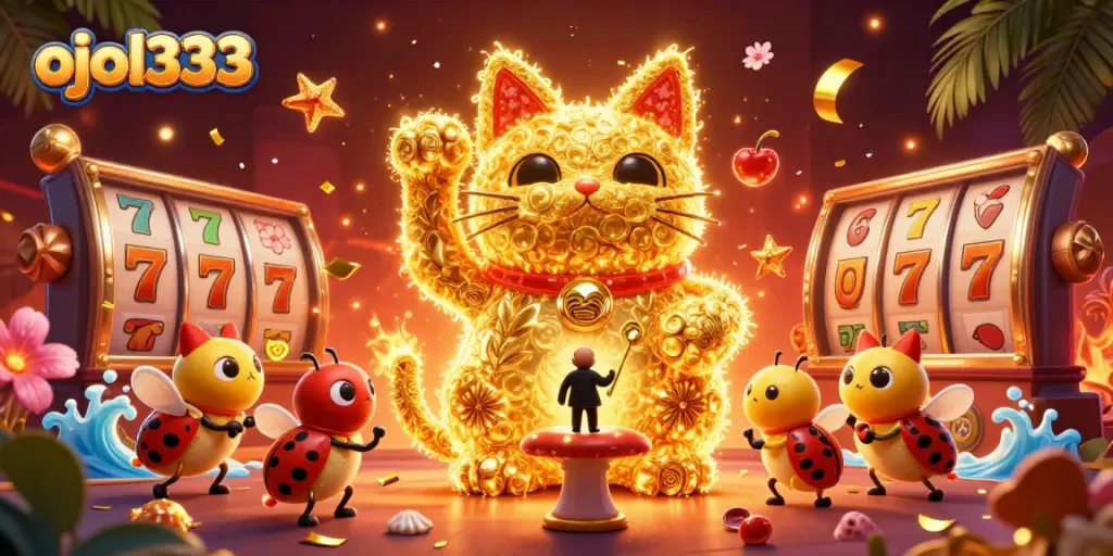 Experience the excitement of ojol333 with dynamic casino symbols and a giant lucky cat illustration.