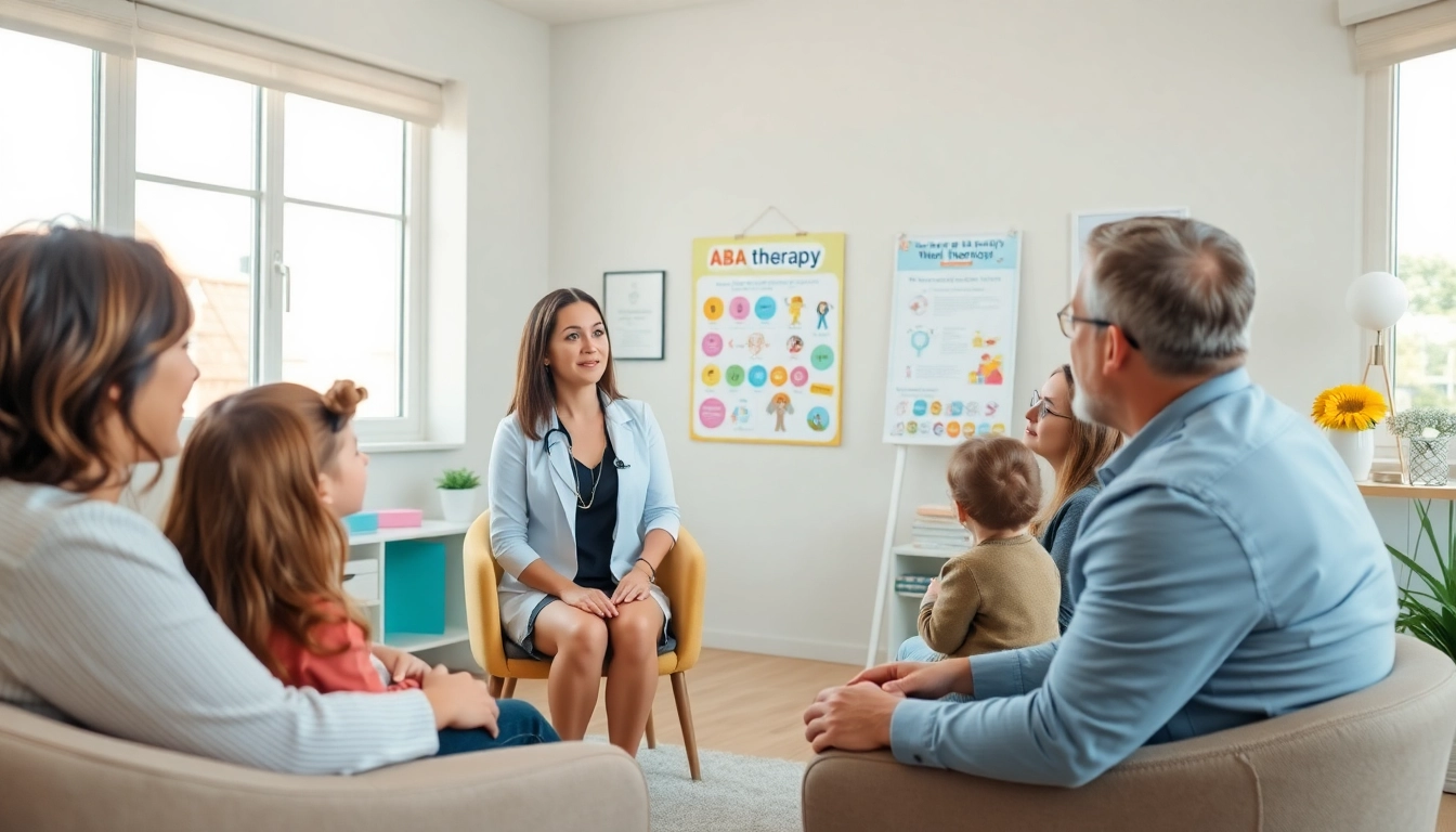 What is ABA therapy approach illustrated with a therapist engaging warmly with a family.