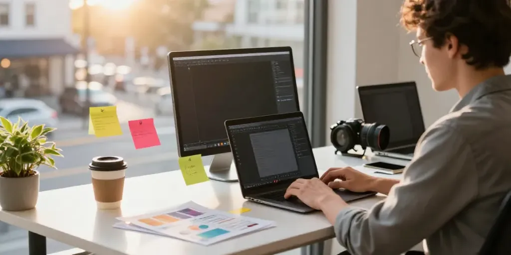 AI content writer for small businesses generating engaging content in a professional workspace
