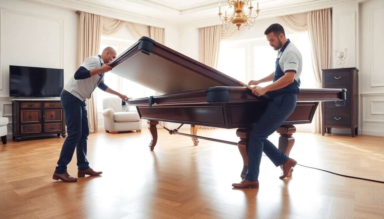 Pool table mover carefully disassembling a table with attention to detail in a bright setting.