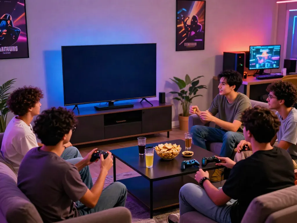 Exciting group gaming scene showcasing ทดลองสล็อต with friends enjoying snacks and drinks