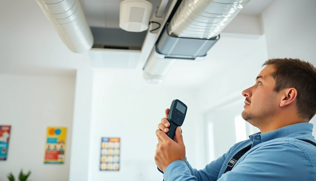 Inspect a havc duct leakage with a technician analyzing ductwork in a bright environment.