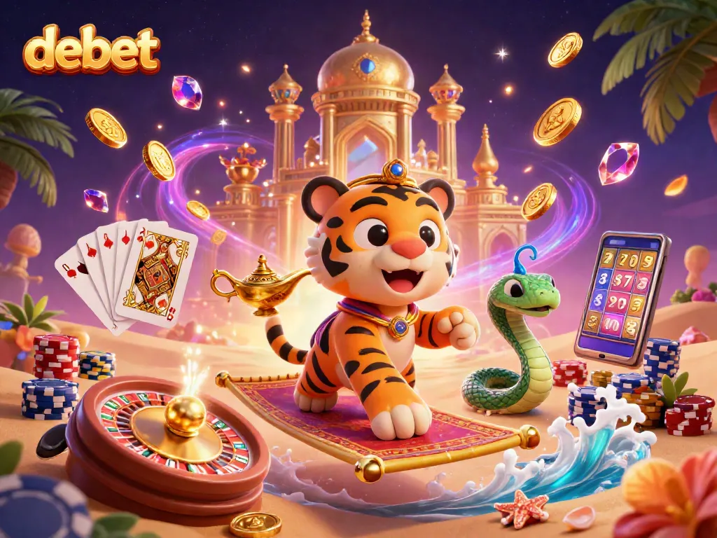 Spin and win at debet with a vibrant casino scene featuring a tiger sultan on a magical carpet.