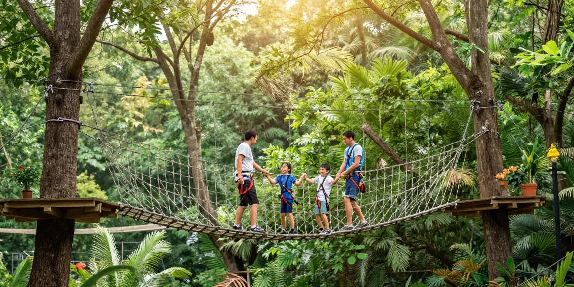 Rope Bridge design showcasing a family crossing joyfully, surrounded by lush trees.