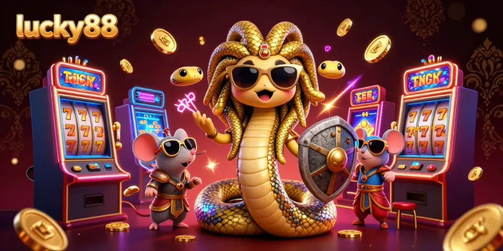 Experience winning thrills at lucky88, featuring Medusa and a warrior mouse among vibrant slot machines.