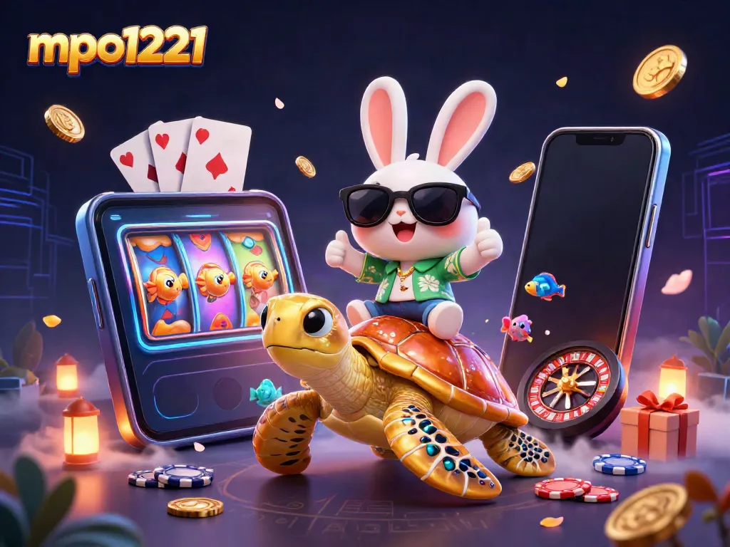 Engage with mpo1221 through a lively 3D scene of a lucky rabbit and golden turtle amidst colorful casino elements.