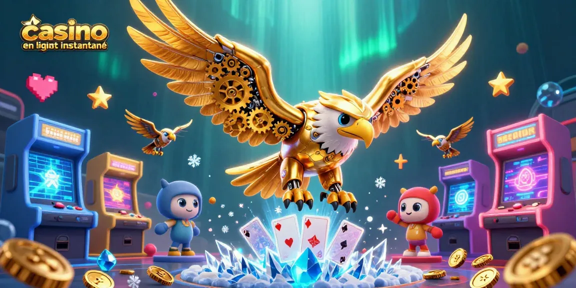 Découvrez des jeux de casino en ligne retrait instantané avec un aigle cybernétique sélénium-entouré de jeux colorés.