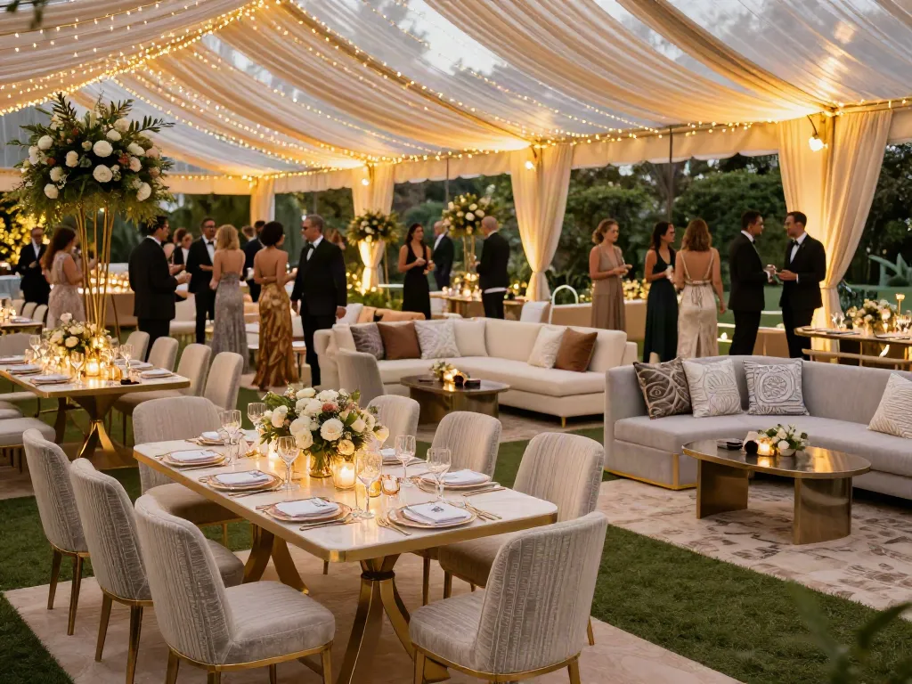 Event furniture rental showcased in an elegant outdoor gala with luxurious tables and plush seating.
