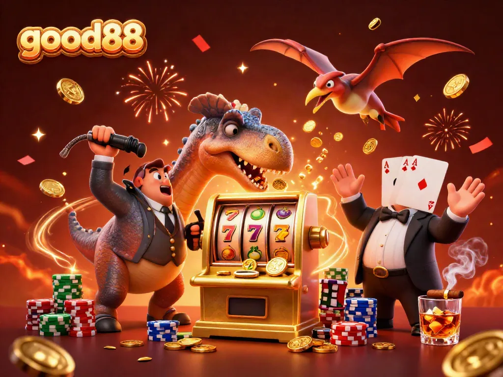 Engaging illustration of good88's casino scene with a dinosaur and dynamic gaming elements.