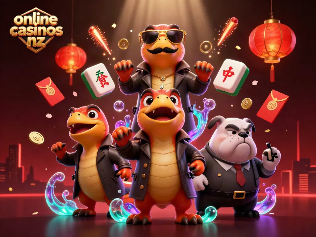 Experience thrilling online casinos nz vibes with cartoon raptors and vibrant casino elements in this dynamic illustration.
