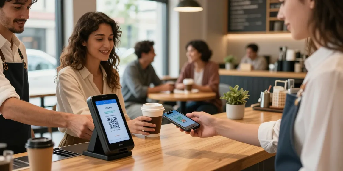 Young woman using slot qris for payment at a modern café counter.