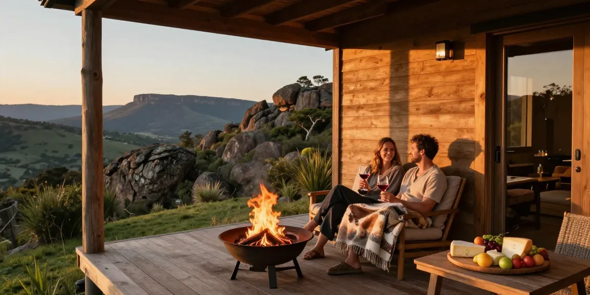 Magaliesburg Accommodation: Couple enjoying a romantic evening on a cabin deck with a sunset view.