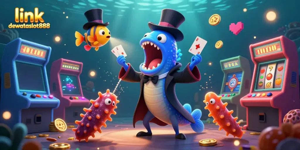 Permainan slot menarik di link dewataslot888 dengan ilustrasi 3D makhluk laut dalam yang penuh warna.