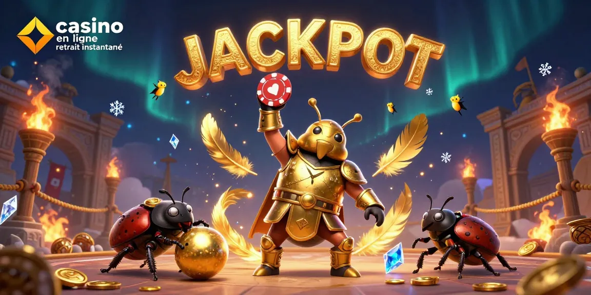 Illustration dynamique de "casino en ligne retrait instantané" avec un scarabée héros et des éléments de jeu autour.