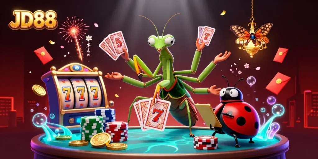 JD88 showcases lively characters in a casino setting, featuring a mantis dealer and ladybug pit boss.