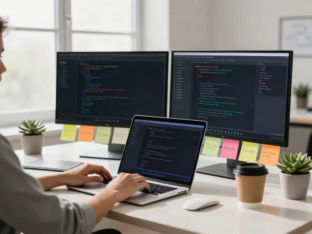 Brave browser in a modern workspace with dual monitors and natural light.
