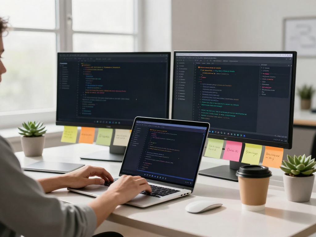 Brave browser in a modern workspace with dual monitors and natural light.