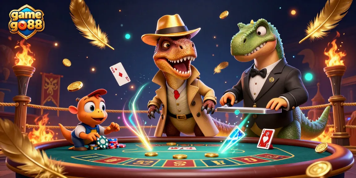 Engage with game go88 at a vibrant casino scene featuring dynamic dinosaurs in action, enriched with casino elements.