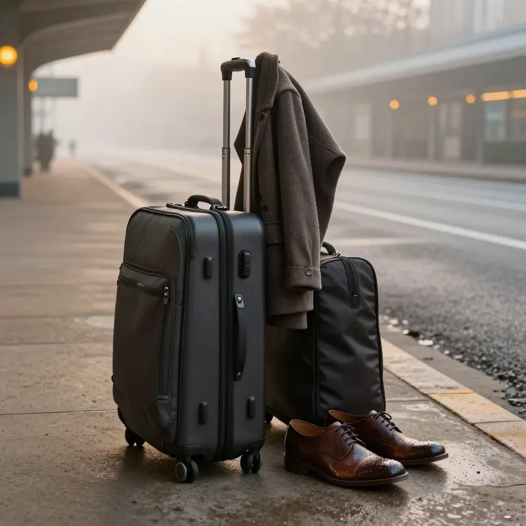 Charcoal suitcase, garment bag, coat and polished shoes at a misty curbside pickup lane at dawn.