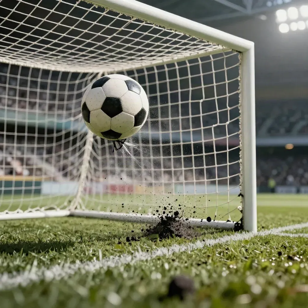 Ball slammed into the top corner net, with turf and floodlit haze in a stadium goalmouth.
