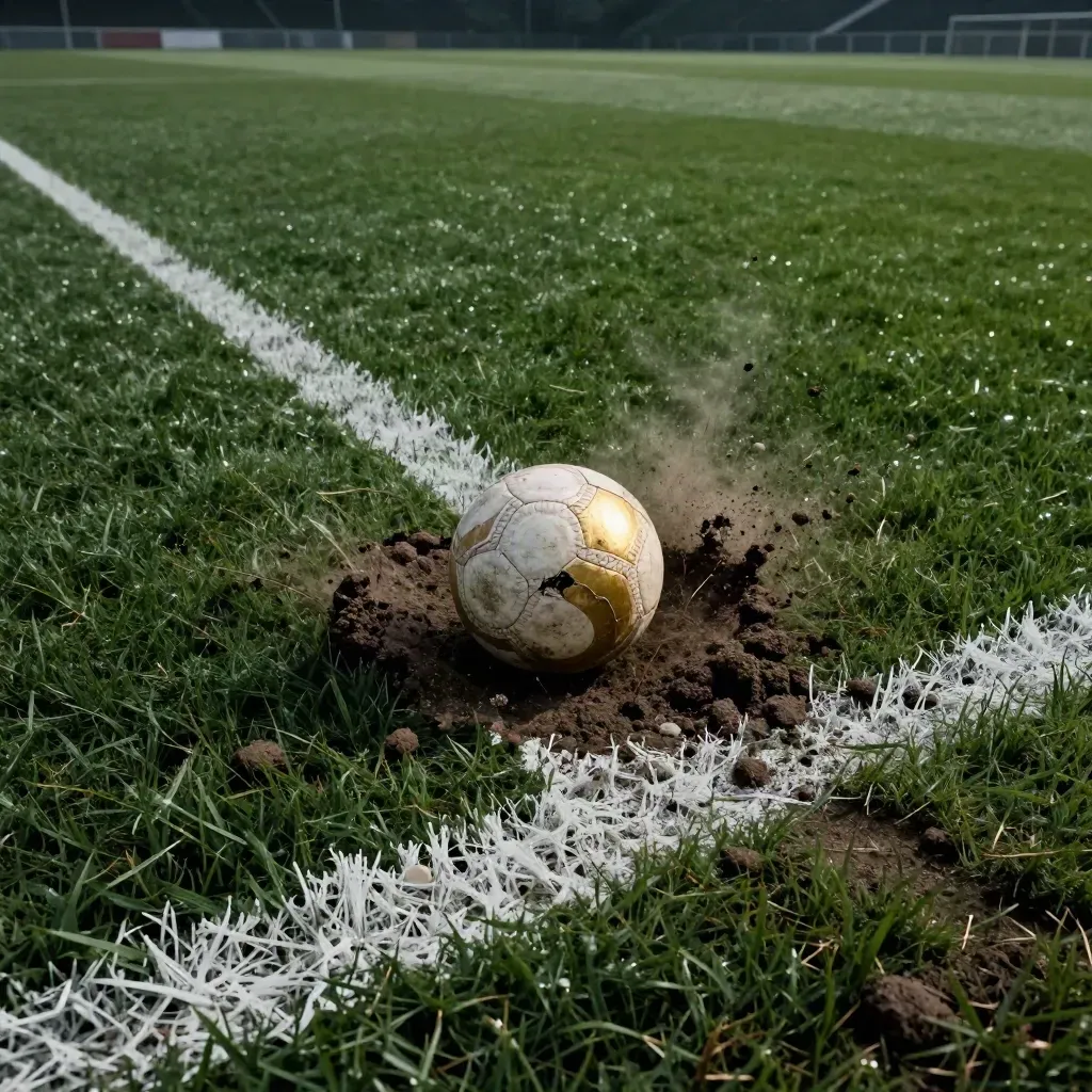 Scuffed midfield ball and torn turf on a dramatic football pitch under raking stadium light.