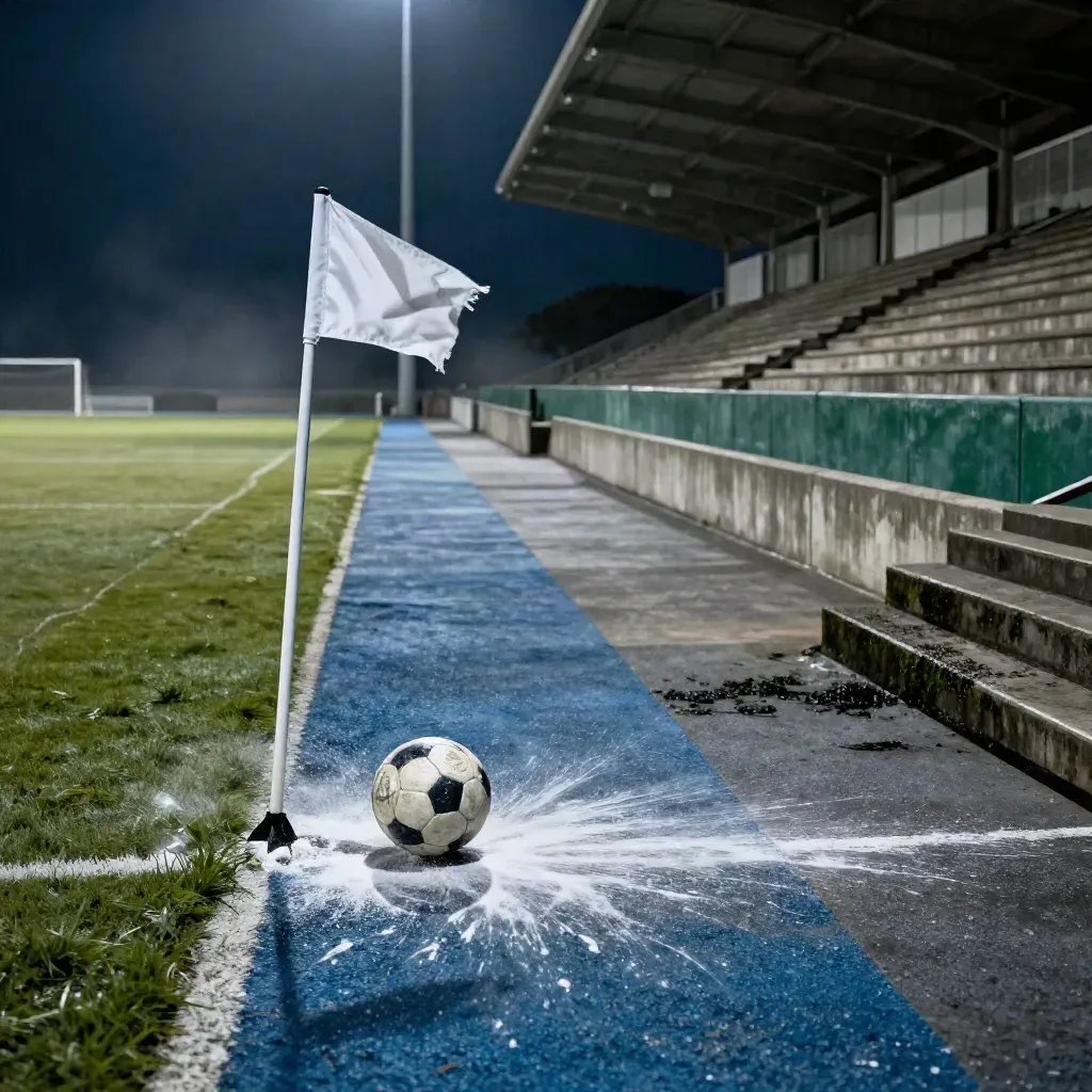 Ball streaking across a damp coastal football sideline under floodlit mist.