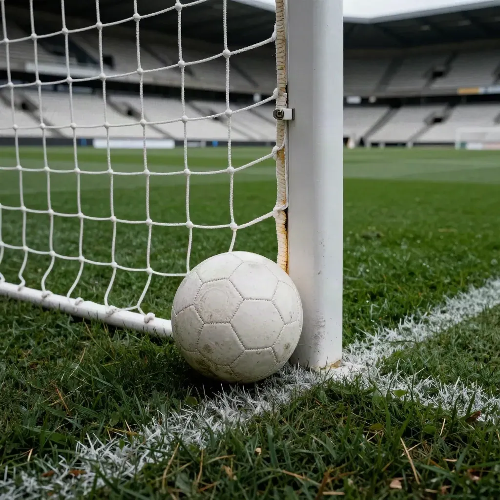 Ball resting by a pitch corner stanchion with empty pale seats behind