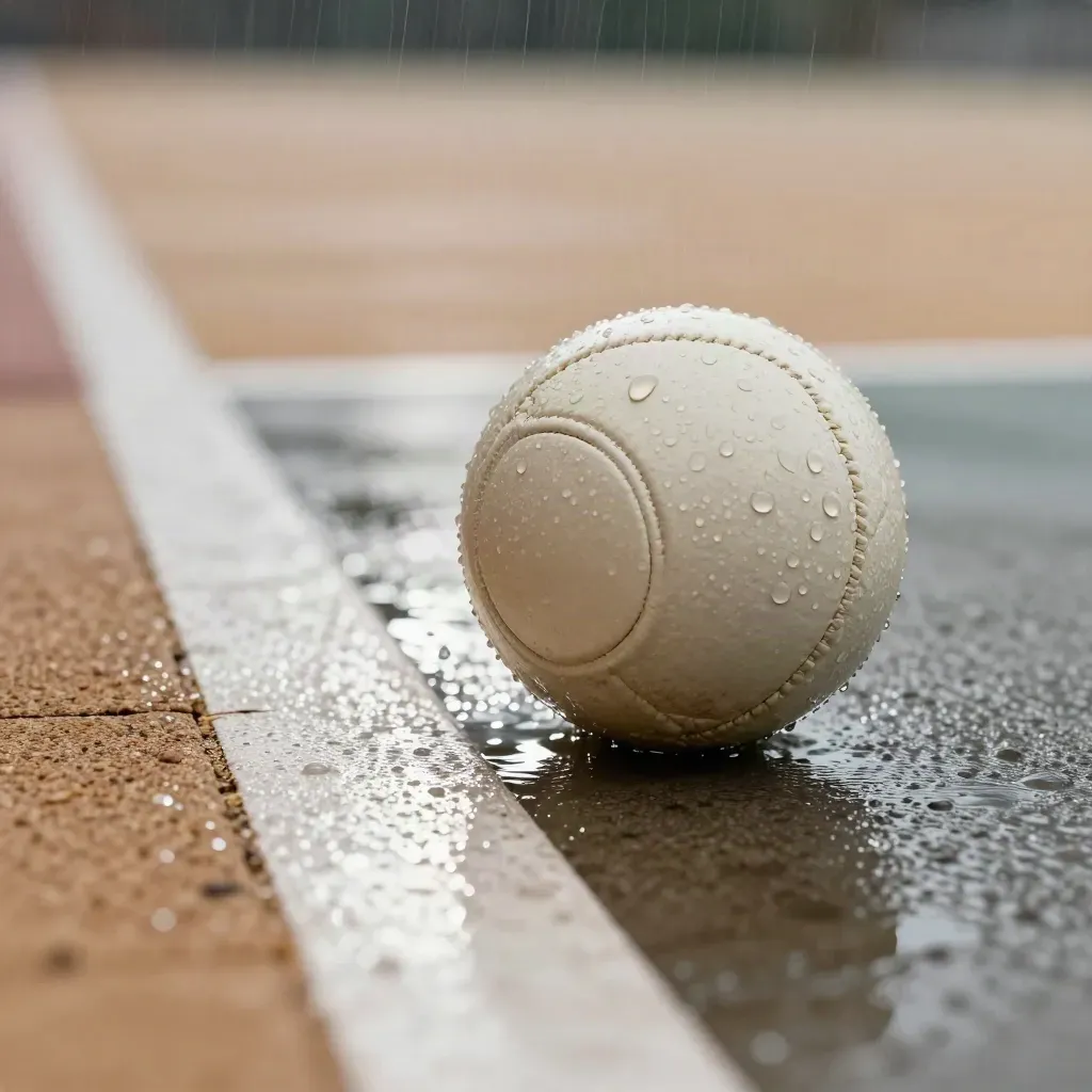 Macro of a match ball skimming wet boards with rain spray and floodlight reflections.
