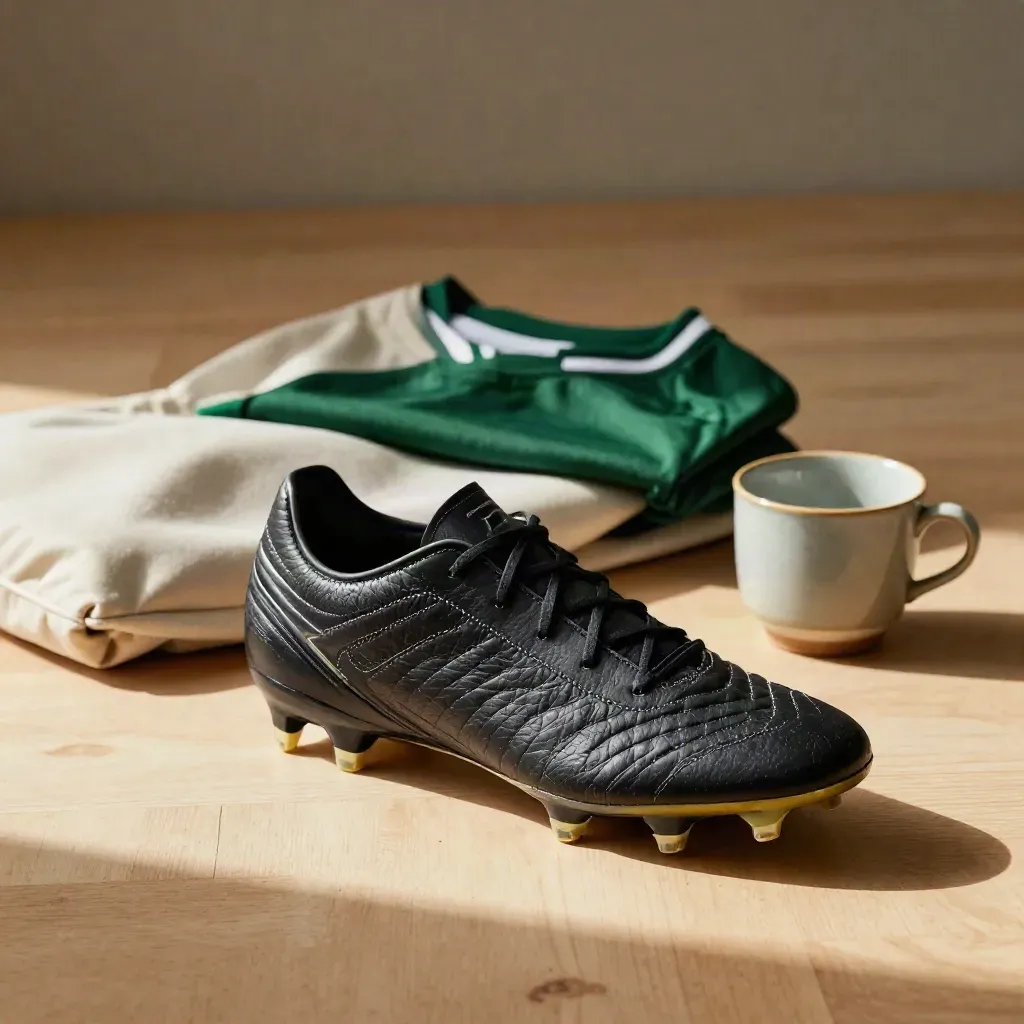 Polished football boot, folded jersey pouch and ceramic cup on warm wood