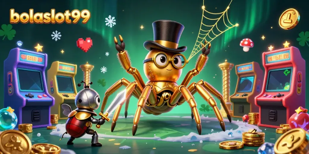 Engage with bolaslot99 and explore the golden web of rewards at the casino through this vibrant 3D illustration.