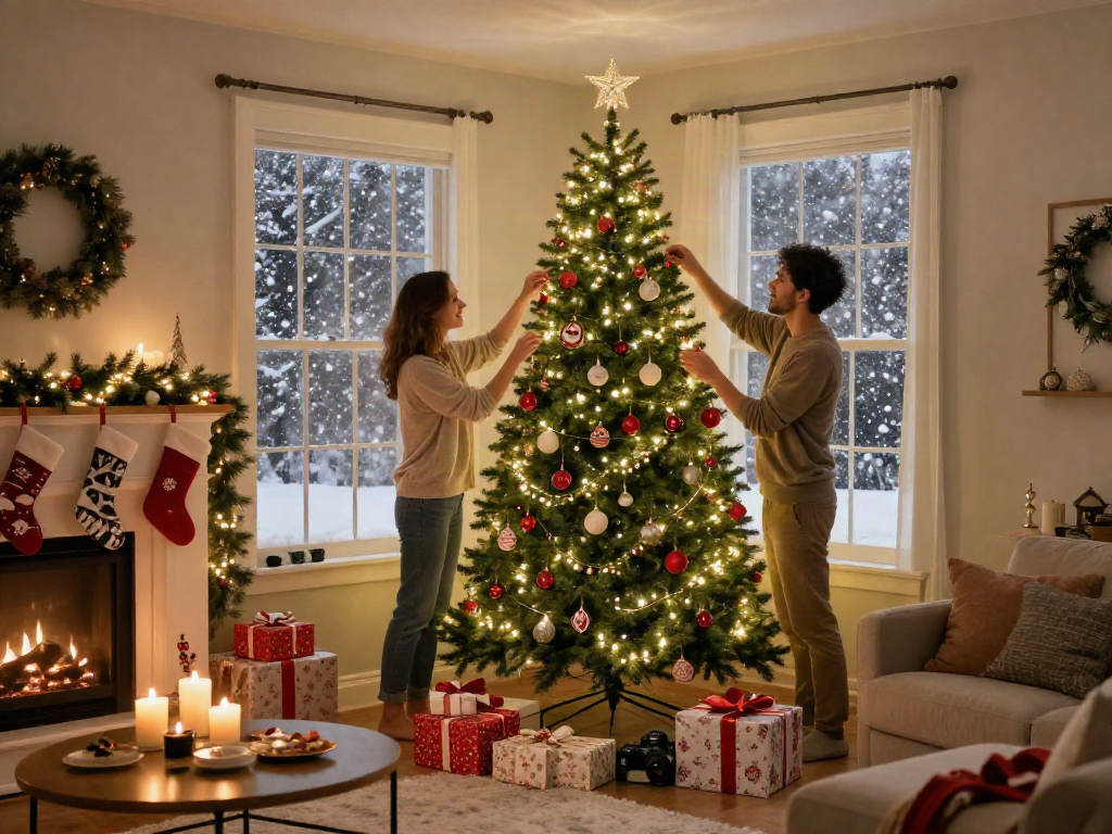 Decorating a tall skinny Christmas tree in a cozy living room filled with festive decorations and warm lighting.