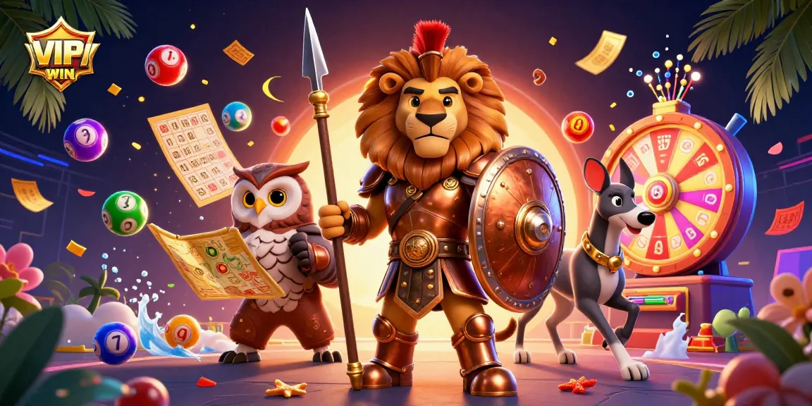 VIPWIN offers exciting lottery games with a dynamic scene featuring characters in a vibrant casino.