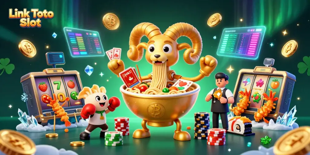 Raih kemenangan dengan Link Toto Slot dalam ilustrasi kasino yang energik dan ceria.