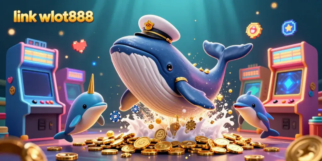 Menggambar grafik kasino 3D yang menampilkan karakter kraken dan simbol slot dengan tema laut, link wslot888 di kiri atas.