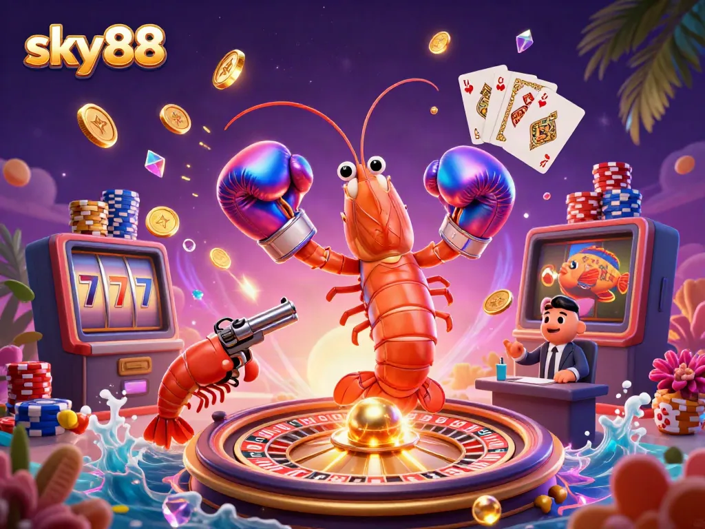 Experience sky88 with dynamic characters and vibrant casino elements in this captivating illustration.