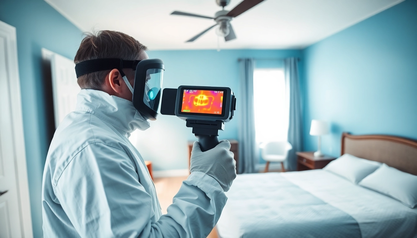 Bed bug exterminators inspecting a bedroom for infestation with thermal technology.