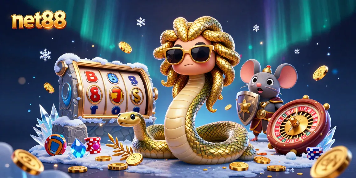 Experience thrilling gameplay at net88 with Medusa and a warrior in a vibrant casino scene.