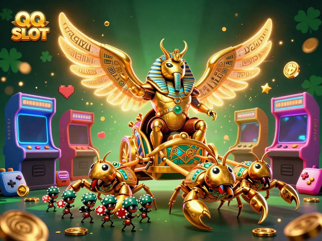 Experience the thrill of QQ SLOT with a vibrant casino-themed digital scene featuring unique characters and game elements.
